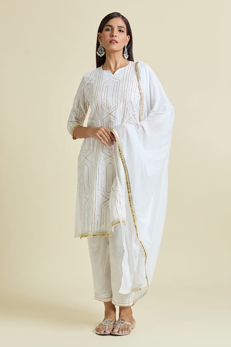 Buy_Samyukta Singhania_White Cotton Gota Patti Split V-neck Embellished Anarkali And Pant Set _Online_at_Aza_Fashions