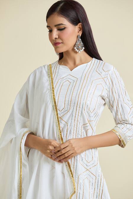 Shop_Samyukta Singhania_White Cotton Gota Patti Split V-neck Embellished Anarkali And Pant Set _Online_at_Aza_Fashions