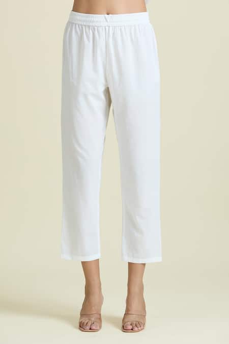 Buy_Samyukta Singhania_White Cotton Mirrors Round Neck Embroidered Anarkali And Pant Set_Online_at_Aza_Fashions