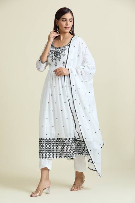 Shop_Samyukta Singhania_White Cotton Mirrors Round Neck Embroidered Anarkali And Pant Set_Online_at_Aza_Fashions