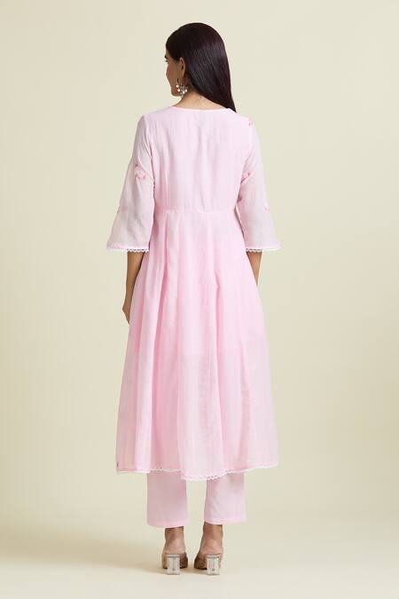 Shop Samyukta Singhania Pink Cotton Beads, Stones V-neck Hand Embroidered Anarkali And Pant Set at Aza Fashions Shop_Samyukta Singhania_Pink Cotton Beads, Stones V-neck Hand Embroidered Anarkali And Pant Set_at_Aza_Fashions