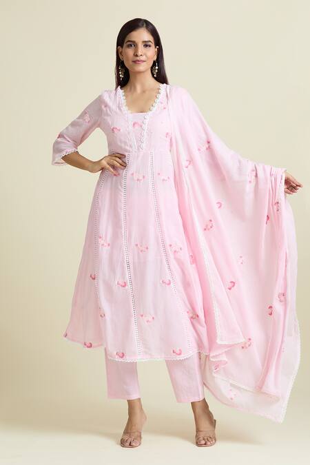 Shop Samyukta Singhania Pink Cotton Beads, Stones V-neck Hand Embroidered Anarkali And Pant Set Online at Aza Fashions Shop_Samyukta Singhania_Pink Cotton Beads, Stones V-neck Hand Embroidered Anarkali And Pant Set_Online_at_Aza_Fashions