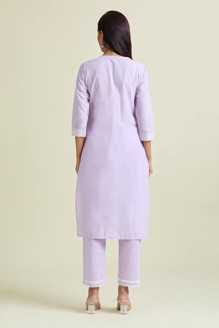 Shop_Naintara Bajaj_Purple , Satin Beads, Embroidery Collared Floral Kurta And Pant Set _at_Aza_Fashions