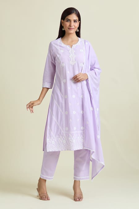 Naintara Bajaj_Purple , Satin Beads, Embroidery Collared Floral Kurta And Pant Set _Online_at_Aza_Fashions