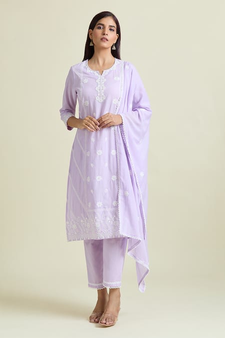 Buy_Naintara Bajaj_Purple , Satin Beads, Embroidery Collared Floral Kurta And Pant Set _Online_at_Aza_Fashions