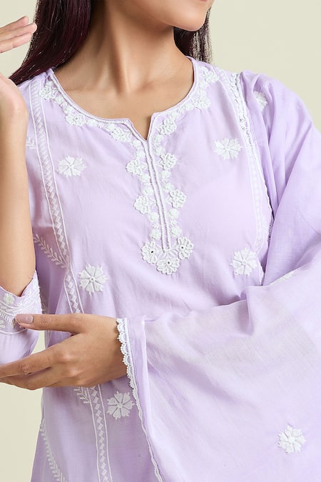 Shop_Naintara Bajaj_Purple , Satin Beads, Embroidery Collared Floral Kurta And Pant Set _Online_at_Aza_Fashions