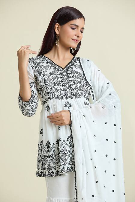 Buy_Naintara Bajaj_White Cotton Mirrors, Sequins, Embroidery V-neck Peplum Kurta And Sharara Set_Online_at_Aza_Fashions