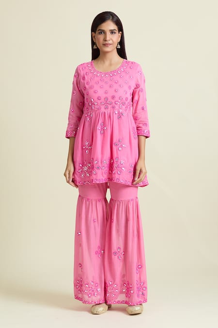 Samyukta Singhania_Coral Cotton Sequins, Mirrors Round Neck Embroidered Peplum Kurta And Sharara Set _Online_at_Aza_Fashions