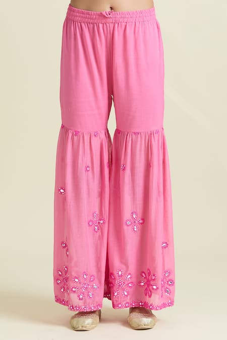 Buy_Samyukta Singhania_Coral Cotton Sequins, Mirrors Round Neck Embroidered Peplum Kurta And Sharara Set _Online_at_Aza_Fashions