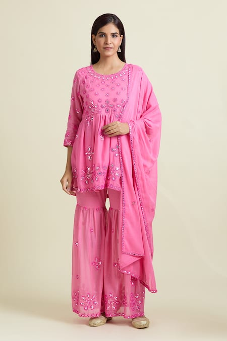 Shop_Samyukta Singhania_Coral Cotton Sequins, Mirrors Round Neck Embroidered Peplum Kurta And Sharara Set _Online_at_Aza_Fashions