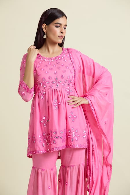 Samyukta Singhania_Coral Cotton Sequins, Mirrors Round Neck Embroidered Peplum Kurta And Sharara Set _at_Aza_Fashions