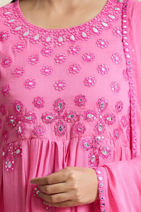 Buy_Samyukta Singhania_Coral Cotton Sequins, Mirrors Round Neck Embroidered Peplum Kurta And Sharara Set 