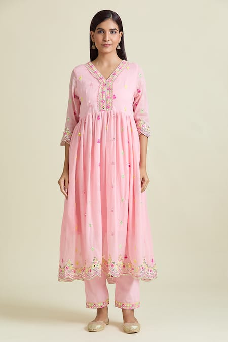 Samyukta Singhania Peach Cotton Mirrors, Sequins V-neck Embroidered Anarkali And Pant Set Online at Aza Fashions Samyukta Singhania_Peach Cotton Mirrors, Sequins V-neck Embroidered Anarkali And Pant Set _Online_at_Aza_Fashions