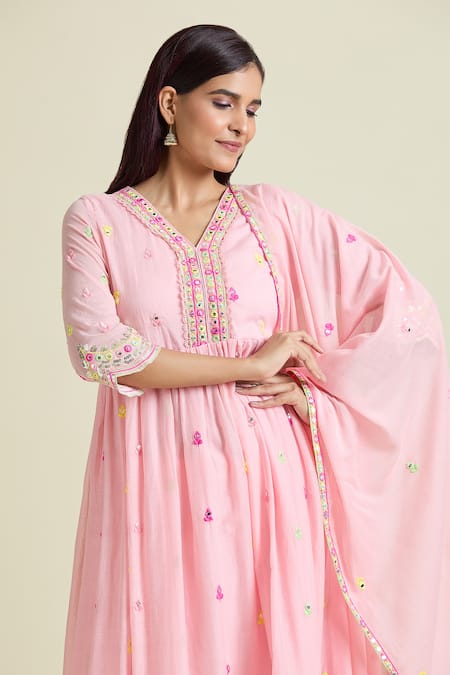Samyukta Singhania Peach Cotton Mirrors, Sequins V-neck Embroidered Anarkali And Pant Set at Aza Fashions Samyukta Singhania_Peach Cotton Mirrors, Sequins V-neck Embroidered Anarkali And Pant Set _at_Aza_Fashions