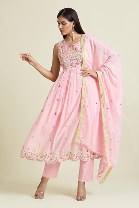 Samyukta Singhania Pink Anarkali And Dupatta Cotton Mulmul Embroidery Mirror Sleeveless & Pant Set 