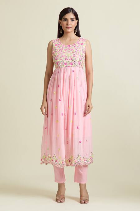 Samyukta Singhania_Pink Cotton Sequins, Mirrors Round Embroidered Sleeveless Anarkali And Pant Set_Online_at_Aza_Fashions