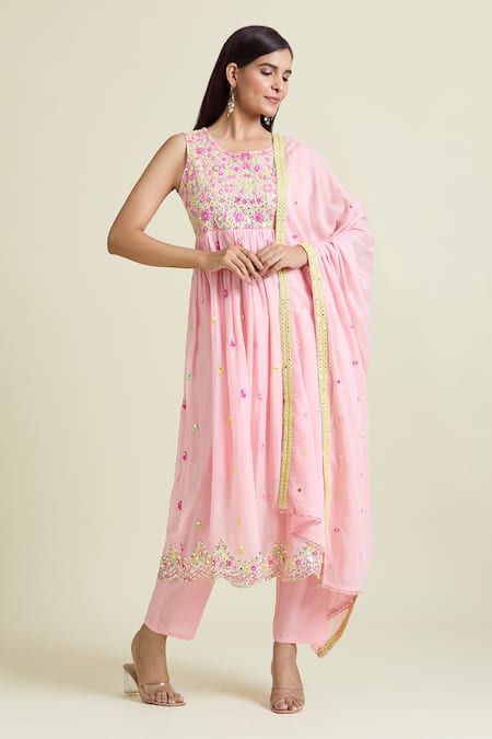Shop_Samyukta Singhania_Pink Cotton Sequins, Mirrors Round Embroidered Sleeveless Anarkali And Pant Set_Online_at_Aza_Fashions