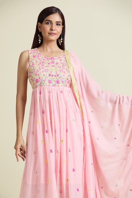 Samyukta Singhania_Pink Cotton Sequins, Mirrors Round Embroidered Sleeveless Anarkali And Pant Set_at_Aza_Fashions
