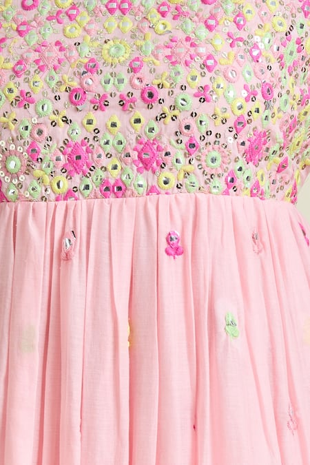 Buy_Samyukta Singhania_Pink Cotton Sequins, Mirrors Round Embroidered Sleeveless Anarkali And Pant Set