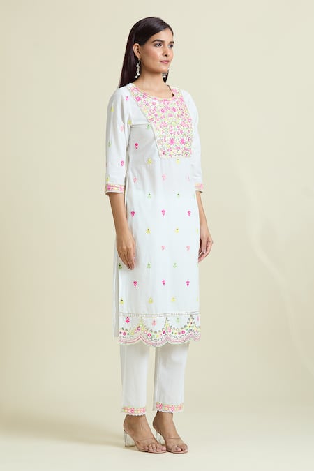 Shop_Samyukta Singhania_White Cotton Embroidery Round Neck Scallop Kurta And Pant Set_Online_at_Aza_Fashions