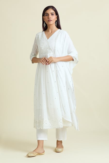 Buy_Samyukta Singhania_Off White , Satin Mirrors V-neck Emrboidered Angrakha And Pant Set_Online_at_Aza_Fashions