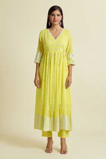 Adara Khan_Yellow Pant Cambric, Angarkha And Dupatta Embroidered Set_Online_at_Aza_Fashions