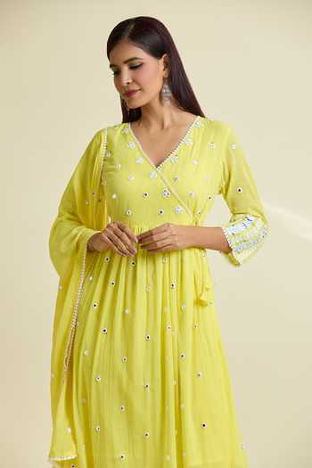 Shop_Adara Khan_Yellow Pant Cambric, Angarkha And Dupatta Embroidered Set_Online_at_Aza_Fashions