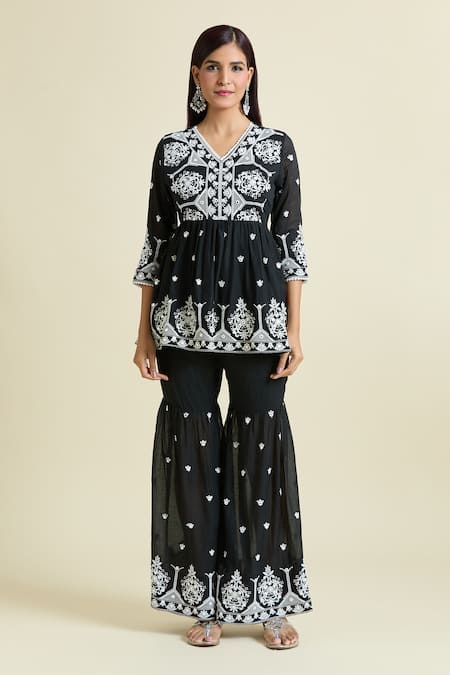 Naintara Bajaj Black Cotton Embroidery, Mirrors V-neck Work Peplum Kurta Sharara Set Online at Aza Fashions Naintara Bajaj_Black Cotton Embroidery, Mirrors V-neck Work Peplum Kurta Sharara Set _Online_at_Aza_Fashions