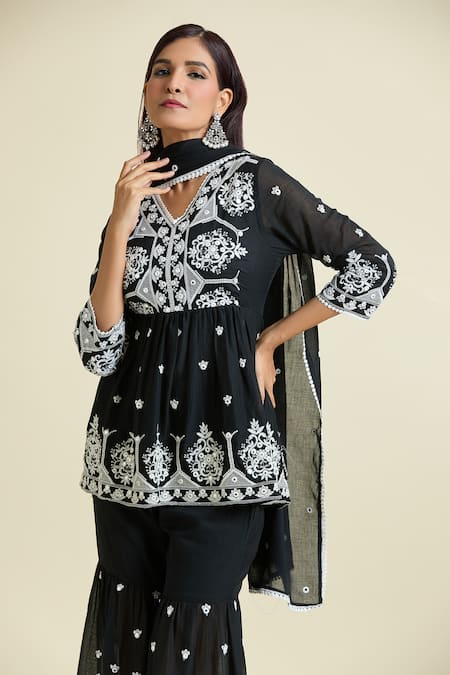 Buy Naintara Bajaj Black Cotton Embroidery, Mirrors V-neck Work Peplum Kurta Sharara Set Online at Aza Fashions Buy_Naintara Bajaj_Black Cotton Embroidery, Mirrors V-neck Work Peplum Kurta Sharara Set _Online_at_Aza_Fashions