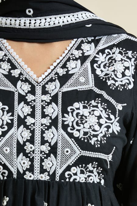 Shop Naintara Bajaj Black Cotton Embroidery, Mirrors V-neck Work Peplum Kurta Sharara Set Online at Aza Fashions Shop_Naintara Bajaj_Black Cotton Embroidery, Mirrors V-neck Work Peplum Kurta Sharara Set _Online_at_Aza_Fashions