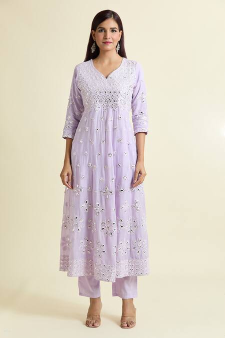 Samyukta Singhania_Purple Cotton Mirrors, Sequins V-neck Work Embroidered Anarkali Set_Online_at_Aza_Fashions