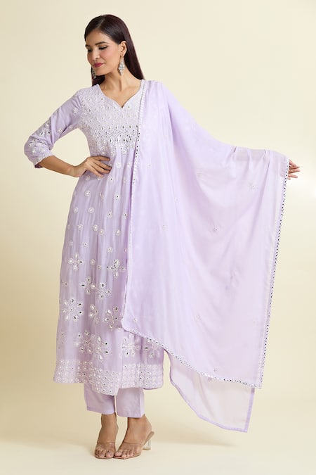 Buy_Samyukta Singhania_Purple Cotton Mirrors, Sequins V-neck Work Embroidered Anarkali Set_Online_at_Aza_Fashions