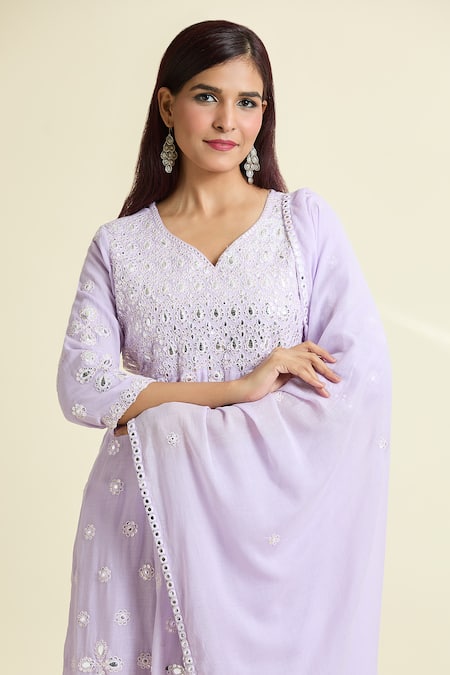 Shop_Samyukta Singhania_Purple Cotton Mirrors, Sequins V-neck Work Embroidered Anarkali Set_Online_at_Aza_Fashions