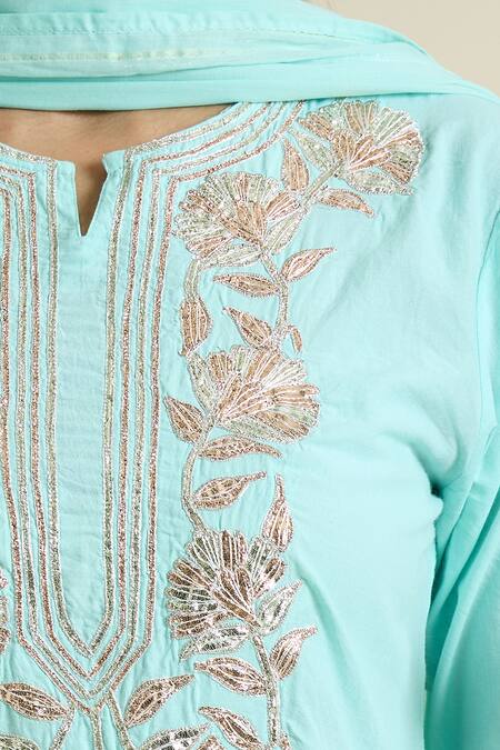 Buy Samyukta Singhania Blue Cotton Embroidery, Gota Patti Split V-neck Kurta Pant Set Online at Aza Fashions Buy_Samyukta Singhania_Blue Cotton Embroidery, Gota Patti Split V-neck Kurta Pant Set _Online_at_Aza_Fashions