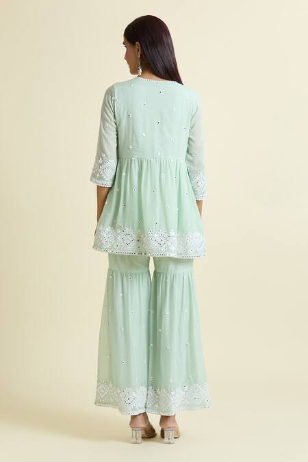 Shop Samyukta Singhania Green Cotton Embroidery, Mirrors V-neck Peplum Kurta Sharara Set at Aza Fashions Shop_Samyukta Singhania_Green Cotton Embroidery, Mirrors V-neck Peplum Kurta Sharara Set_at_Aza_Fashions