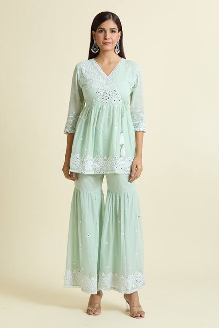 Samyukta Singhania Green Cotton Embroidery, Mirrors V-neck Peplum Kurta Sharara Set Online at Aza Fashions Samyukta Singhania_Green Cotton Embroidery, Mirrors V-neck Peplum Kurta Sharara Set_Online_at_Aza_Fashions