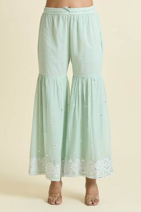 Buy Samyukta Singhania Green Cotton Embroidery, Mirrors V-neck Peplum Kurta Sharara Set Online at Aza Fashions Buy_Samyukta Singhania_Green Cotton Embroidery, Mirrors V-neck Peplum Kurta Sharara Set_Online_at_Aza_Fashions