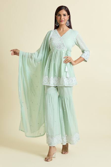 Shop Samyukta Singhania Green Cotton Embroidery, Mirrors V-neck Peplum Kurta Sharara Set Online at Aza Fashions Shop_Samyukta Singhania_Green Cotton Embroidery, Mirrors V-neck Peplum Kurta Sharara Set_Online_at_Aza_Fashions
