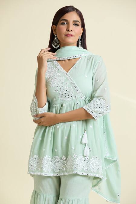 Samyukta Singhania Green Cotton Embroidery, Mirrors V-neck Peplum Kurta Sharara Set at Aza Fashions Samyukta Singhania_Green Cotton Embroidery, Mirrors V-neck Peplum Kurta Sharara Set_at_Aza_Fashions