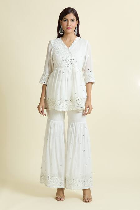 Buy_Samyukta Singhania_Off White Cotton Mirrors V-neck Embroidered Peplum Kurta Sharara Set _Online_at_Aza_Fashions