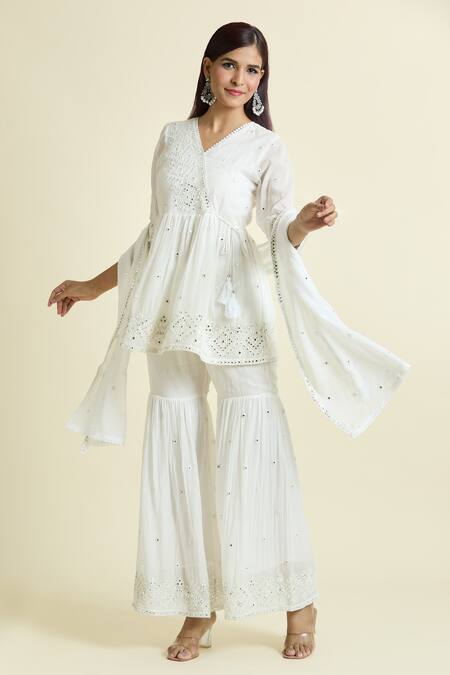 Shop_Samyukta Singhania_Off White Cotton Mirrors V-neck Embroidered Peplum Kurta Sharara Set _Online_at_Aza_Fashions