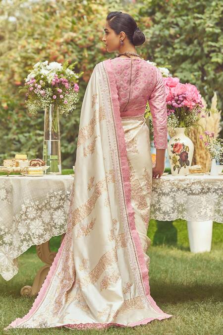 Shop_Kasturi Kundal_Ivory Silk Sequins, Scarlet O Hara Handloom Saree With Unstitched Blouse Piece_at_Aza_Fashions