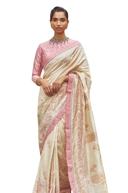 Kasturi Kundal_Ivory Silk Sequins, Scarlet O Hara Handloom Saree With Unstitched Blouse Piece_Online_at_Aza_Fashions