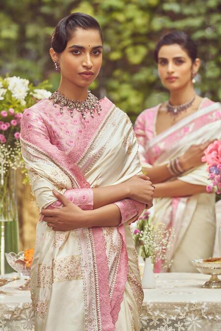 Shop_Kasturi Kundal_Ivory Silk Sequins, Scarlet O Hara Handloom Saree With Unstitched Blouse Piece_Online_at_Aza_Fashions