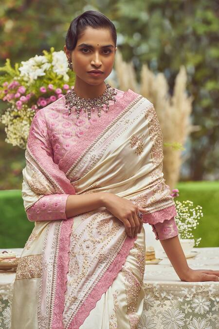 Kasturi Kundal_Ivory Silk Sequins, Scarlet O Hara Handloom Saree With Unstitched Blouse Piece_at_Aza_Fashions