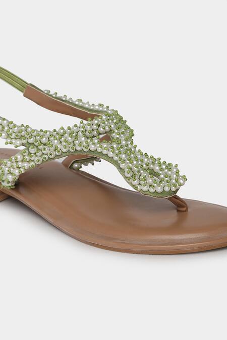 Shop_Aanchal Sayal_Green Pearl Lagoon Embroidered Flats_Online_at_Aza_Fashions