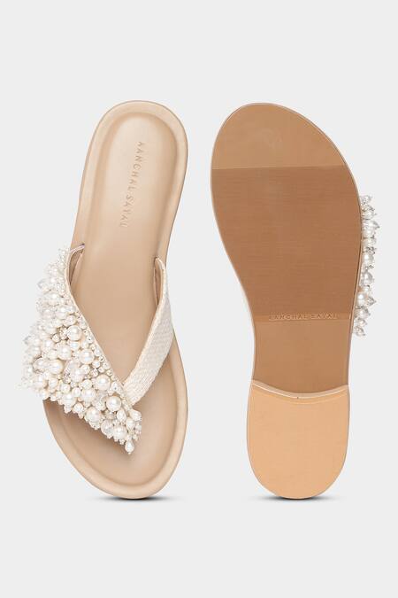Shop Aanchal Sayal Ivory Oyster Pearl Embroidered Flats at Aza Fashions Shop_Aanchal Sayal_Ivory Oyster Pearl Embroidered Flats_at_Aza_Fashions
