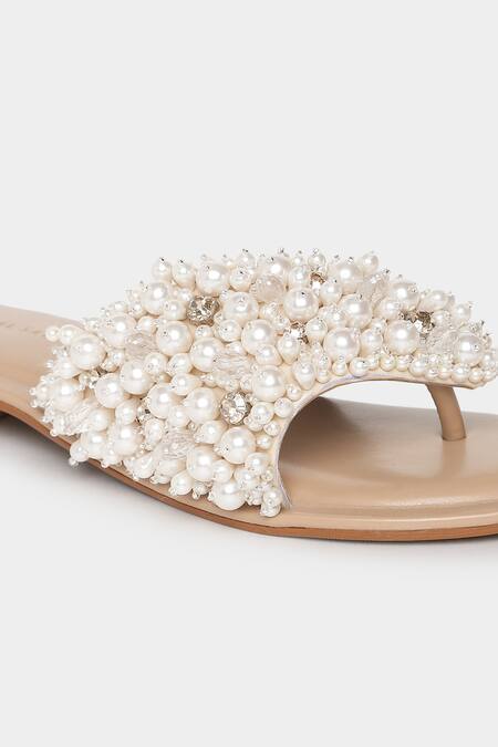 Shop Aanchal Sayal Ivory Oyster Pearl Embroidered Flats Online at Aza Fashions Shop_Aanchal Sayal_Ivory Oyster Pearl Embroidered Flats_Online_at_Aza_Fashions