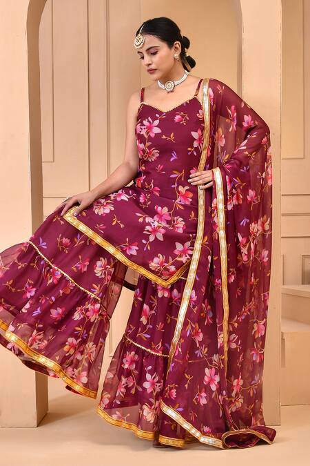 Bannhi By Priyanka Rathore Purple Chiffon Embroidery, Gota Patti V-neck Floral Print Kurta Sharara Set Online at Aza Fashions Bannhi By Priyanka Rathore_Purple Chiffon Embroidery, Gota Patti V-neck Floral Print Kurta Sharara Set _Online_at_Aza_Fashions