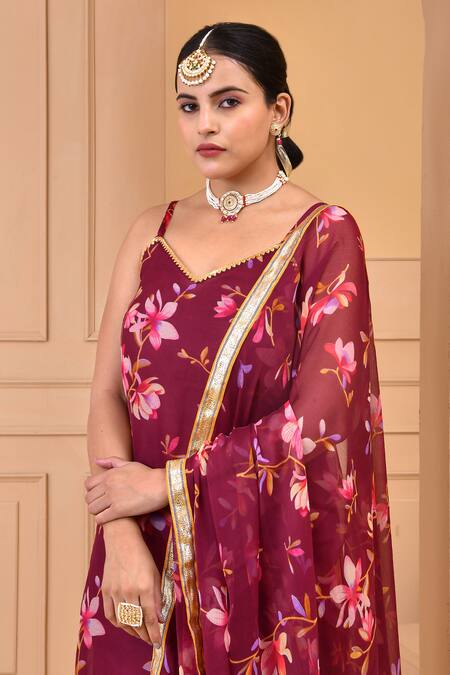 Buy Bannhi By Priyanka Rathore Purple Chiffon Embroidery, Gota Patti V-neck Floral Print Kurta Sharara Set Online at Aza Fashions Buy_Bannhi By Priyanka Rathore_Purple Chiffon Embroidery, Gota Patti V-neck Floral Print Kurta Sharara Set _Online_at_Aza_Fashions